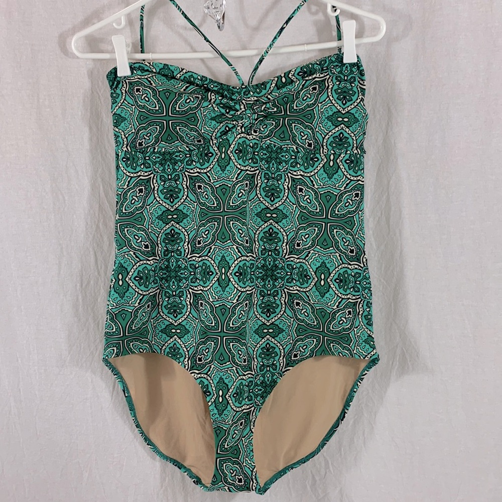 Joe Fresh Swim Green / Teal Patterned Halter Tie One Piece Swimsuit Size L BNWT